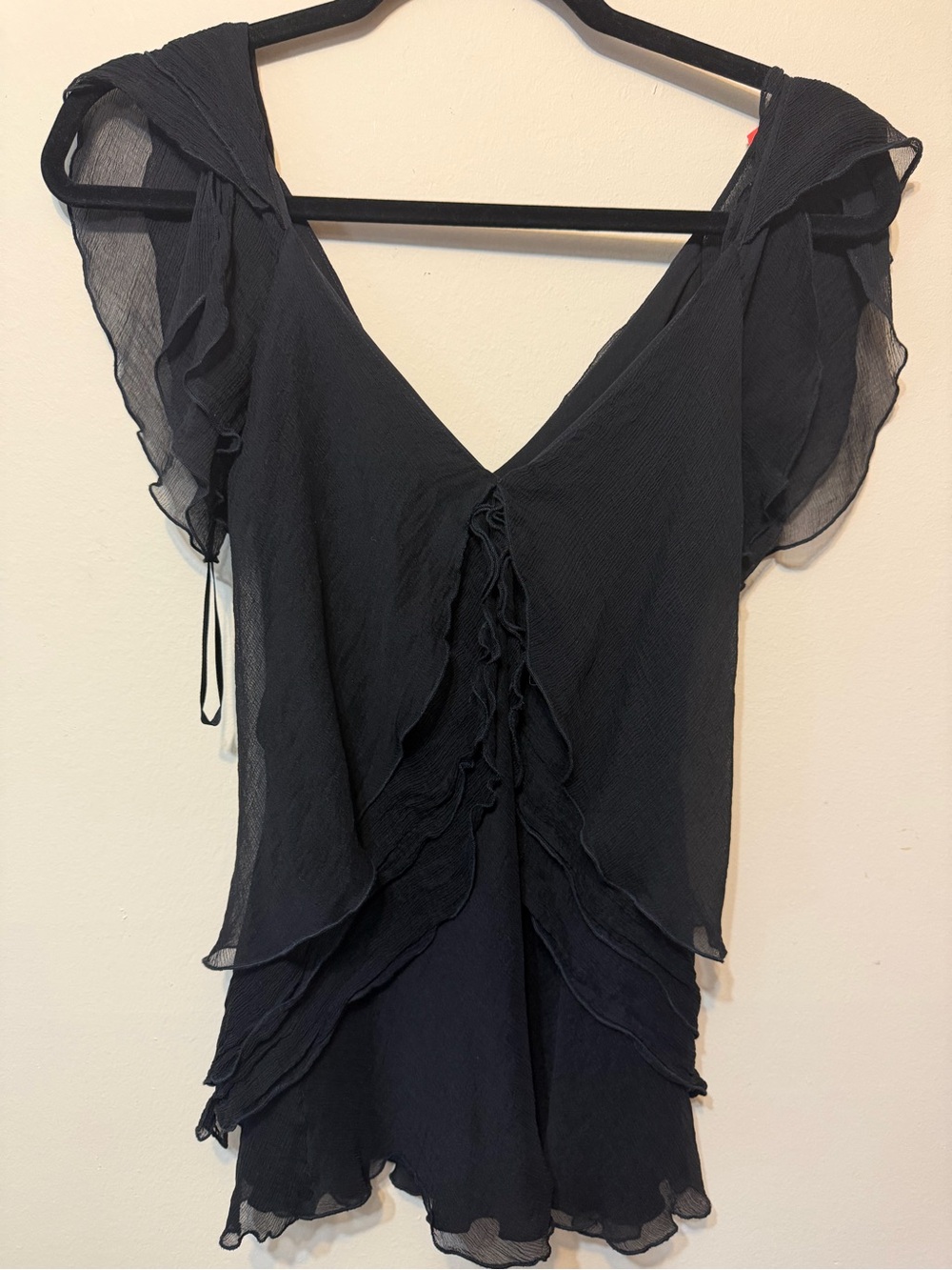 Black Ruffled silk V-Neck Women's Top 2323